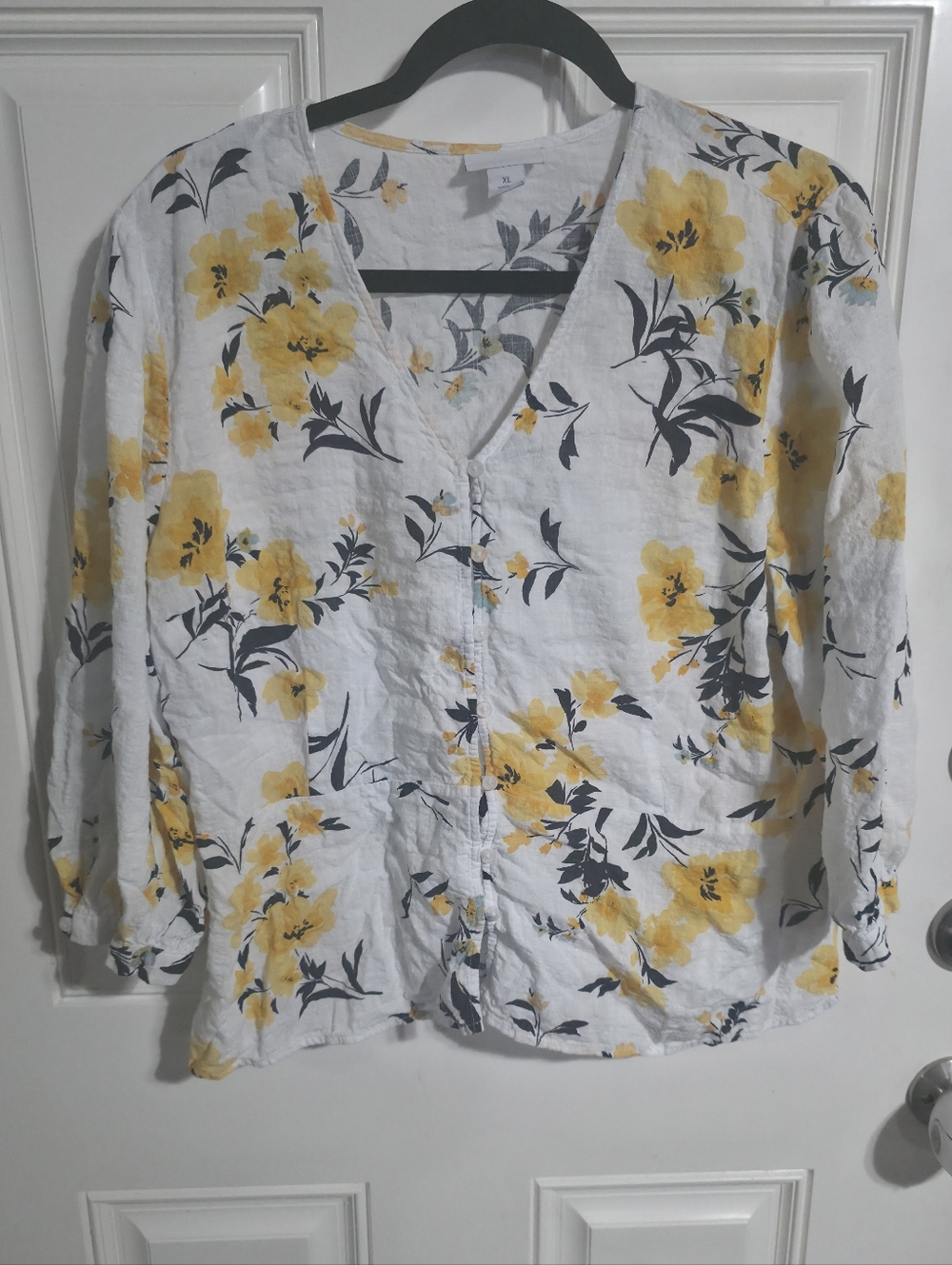 Liz Claiborne White Button-Front Blouse with Yellow Floral Print